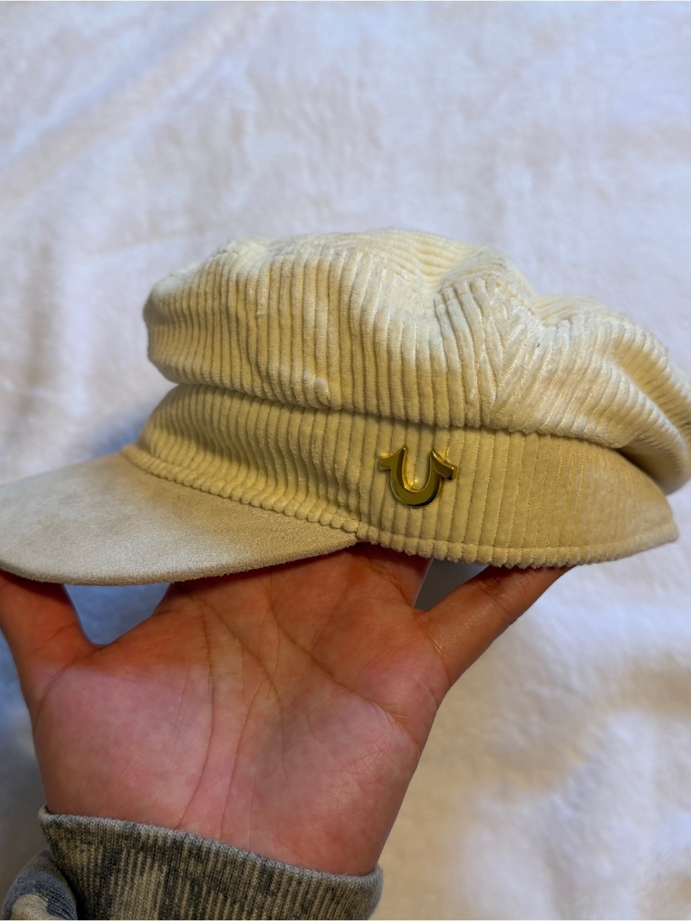 True Religion Cream Corduroy Baker Boy Hat with Gold Horseshoe